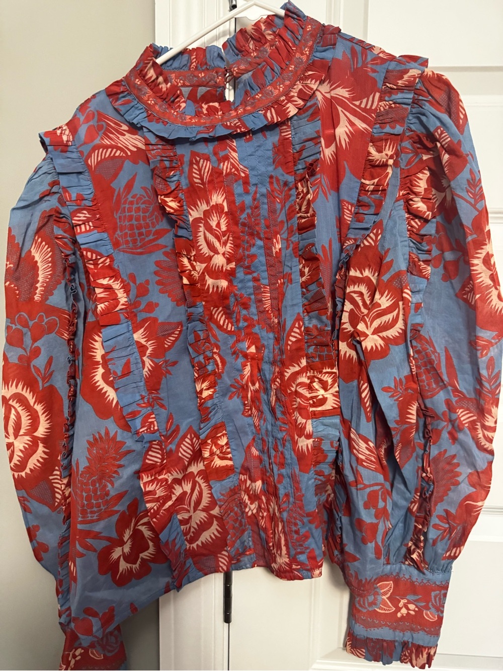 FARM Rio Red & Blue Floral Ruffled High-Neck Blouse - Picture 3 of 3